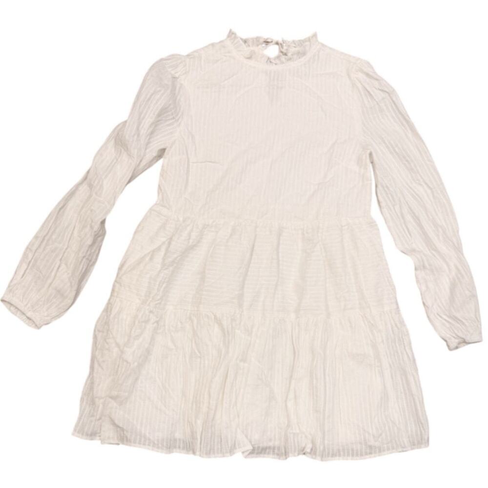 En Saison White Textured Ruffle Neck Long Sleeve Mini Dress Small - Picture 2 of 14